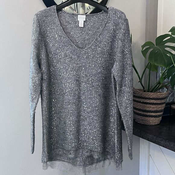 Chicos Sz 2/L Samantha Shine Womens V-Neck Sweater Gray Silver Sequins Lace Hem - Picture 1 of 14